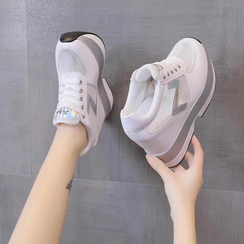 Fashion Spring Breathable Mesh Sneakers Hidden Increasing Sport Shoes 2024 Woman Wedge Casual Chunky Shoes High Platform Shoes 10.5CM