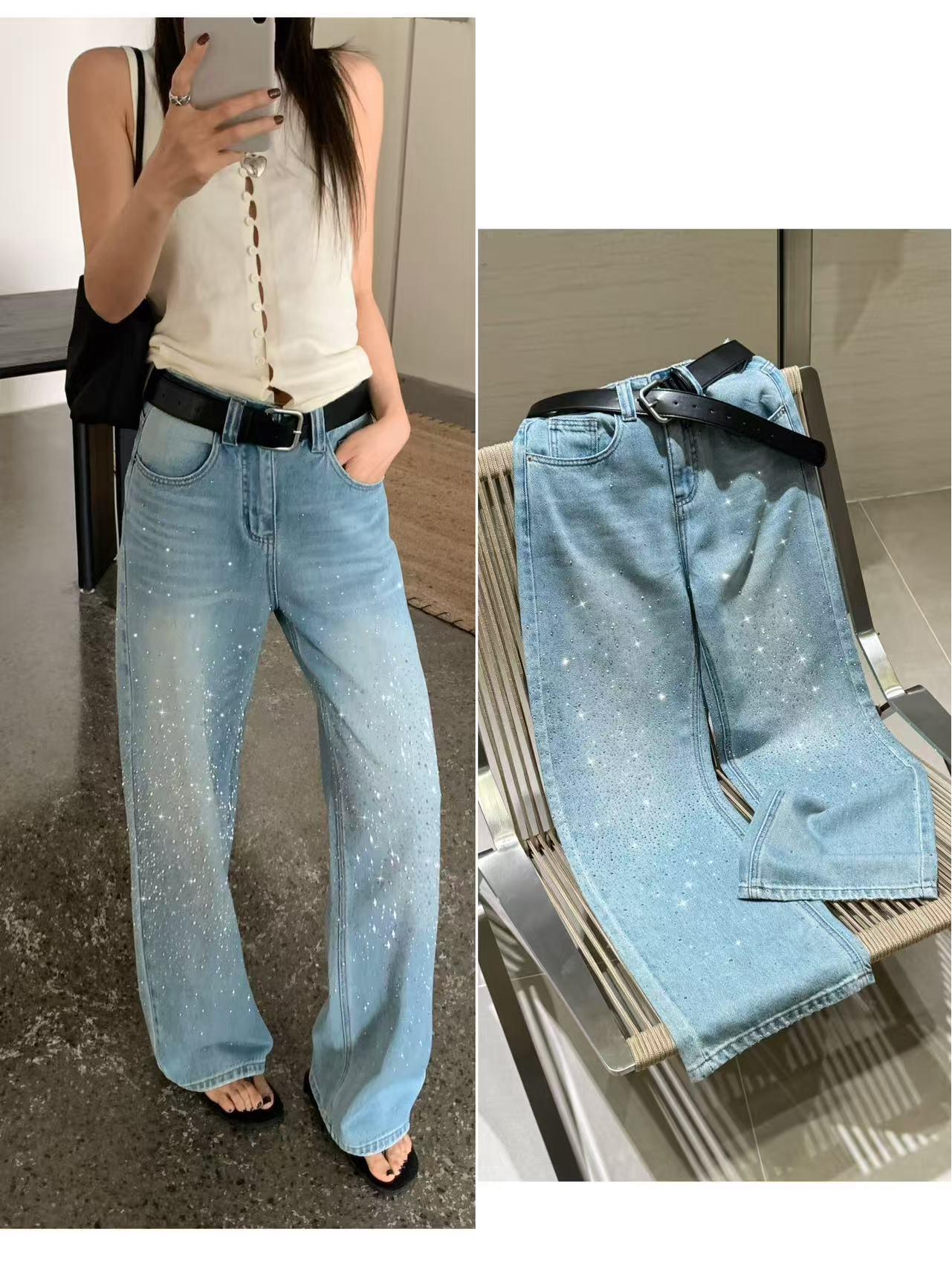 

European-Made Rhinestone Retro Wide-Leg Jeans with Belt 25 світло-синій колір