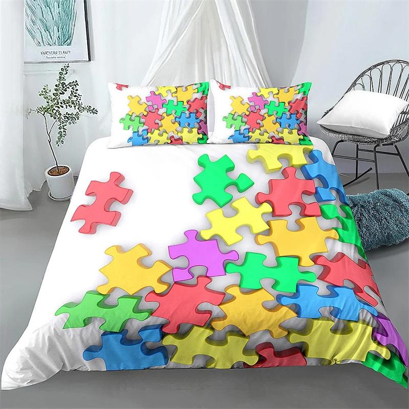 Colorful Toy King Queen Duvet Cover 3D Building Block Pattern Bedding Collection Fun Brick Quilt Cover Gradient Rainbow Comforter Cover