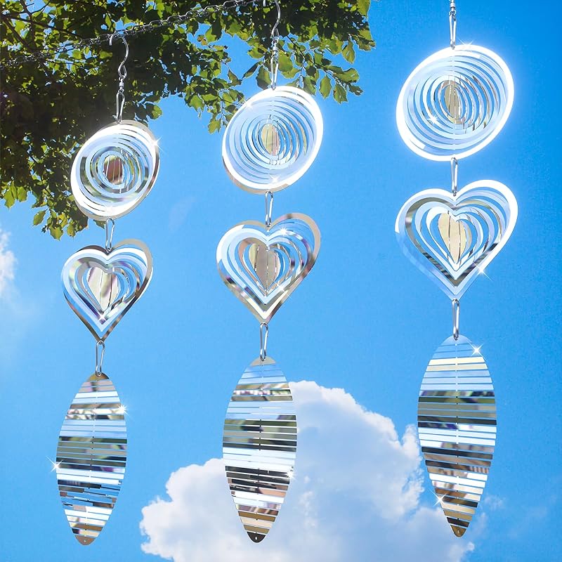 Bird Deterrents for Outside, Reflective 3D Stainless Steel Wind Spinners, Garden Decor, Bird Scare Devices to Keep Woodpeckers, Pigeons Away from