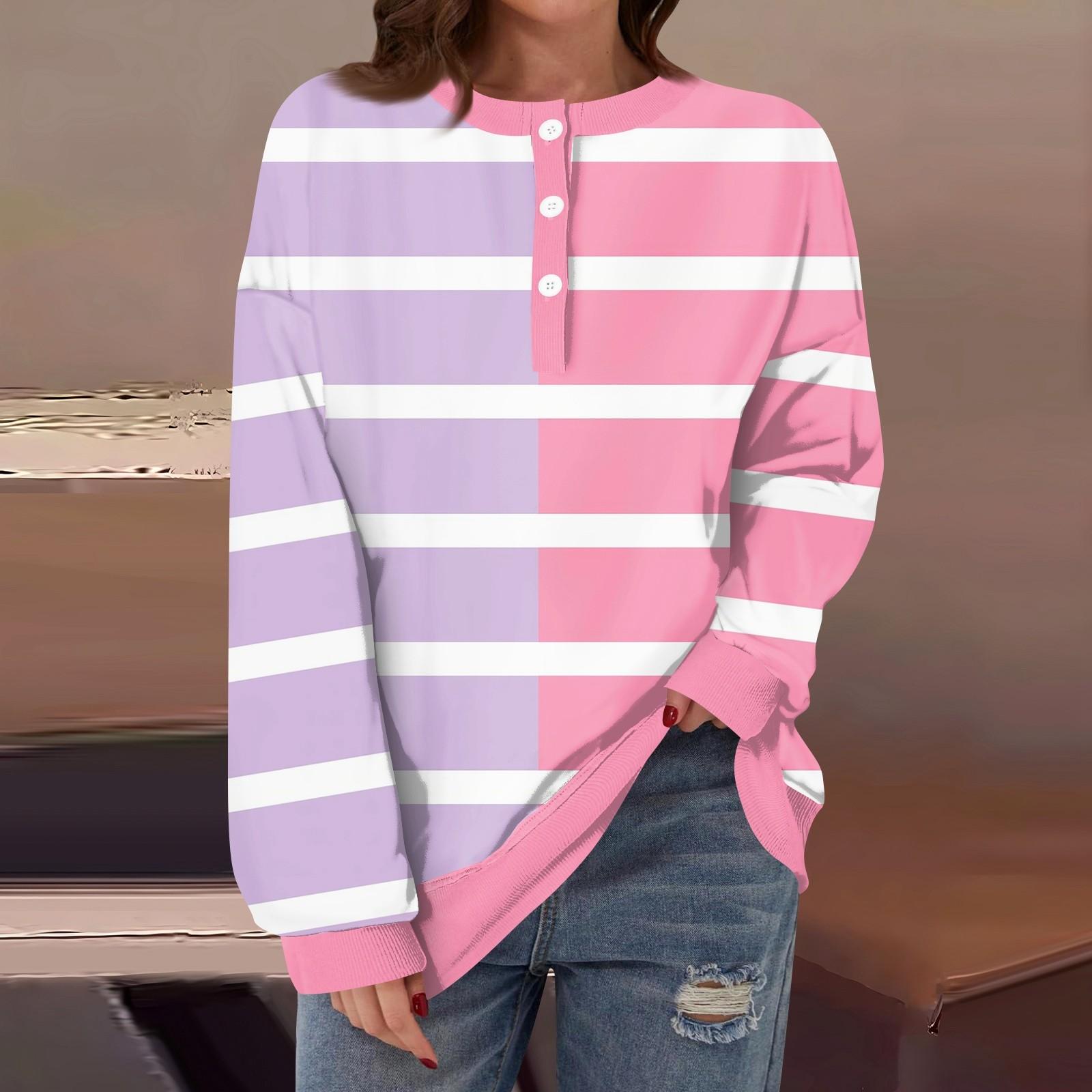 

Женская повседневная мода удобная полосатая футболка с длинным рукавом и круглым вырезом на пуговицах, свободный подол с боковыми разрезами XXXL фиолетовый