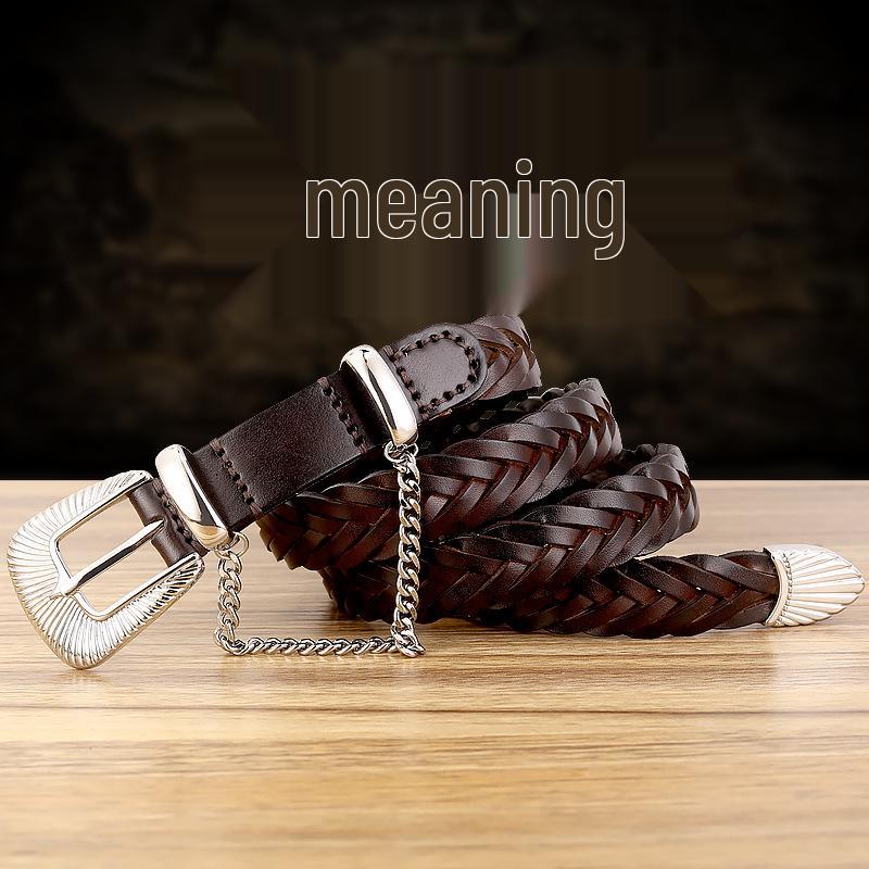 Women's Genuine Leather Woven Belt - Handmade, Punch-Free, Pin Buckle, Decorative Cowhide, In Stock