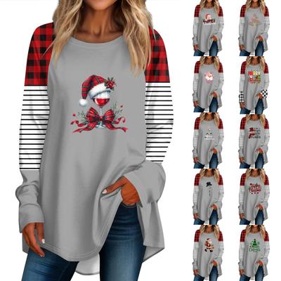 Fashionable Women's Loose Round Neck Christmas Small Print Long-sleeved T-shirt Top Pullover