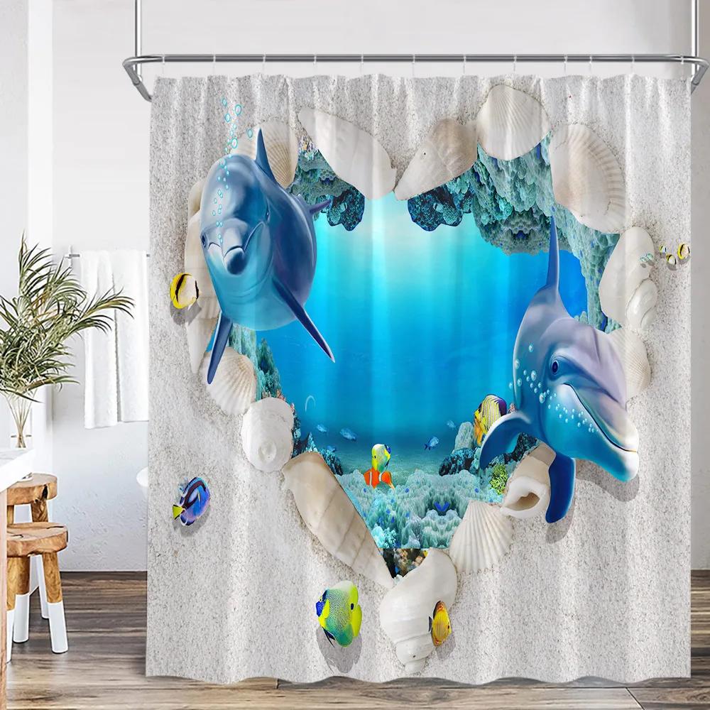 Sea Animals Shower Curtain 3D Dolphin Turtle Octopus Jellyfish Undersea World Bathroom Decoration Kids Polyester Bathtub Curtain