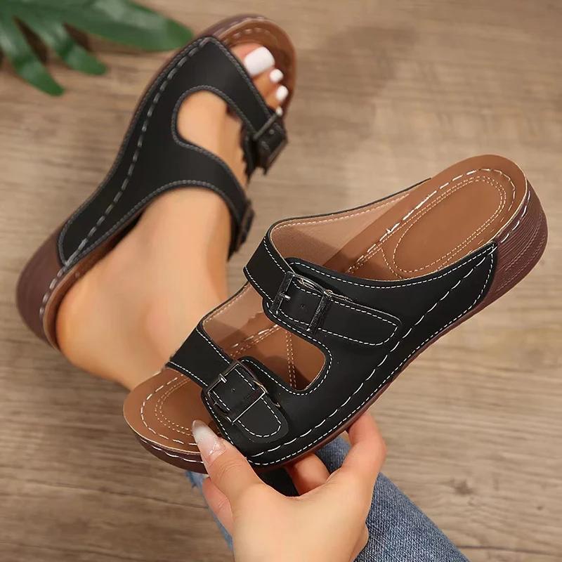Fashion Lightweight Wedge Slippers for Women Fashion Double Buckle Platform Sandals Woman Summer Comfort Non Slip Beach Slides Plus Size