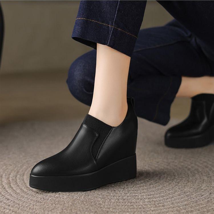 10Cm small man thick-soled super high-heeled leather loafers 2025 new wedge-heeled single shoes elastic inner height-increasing women's shoes