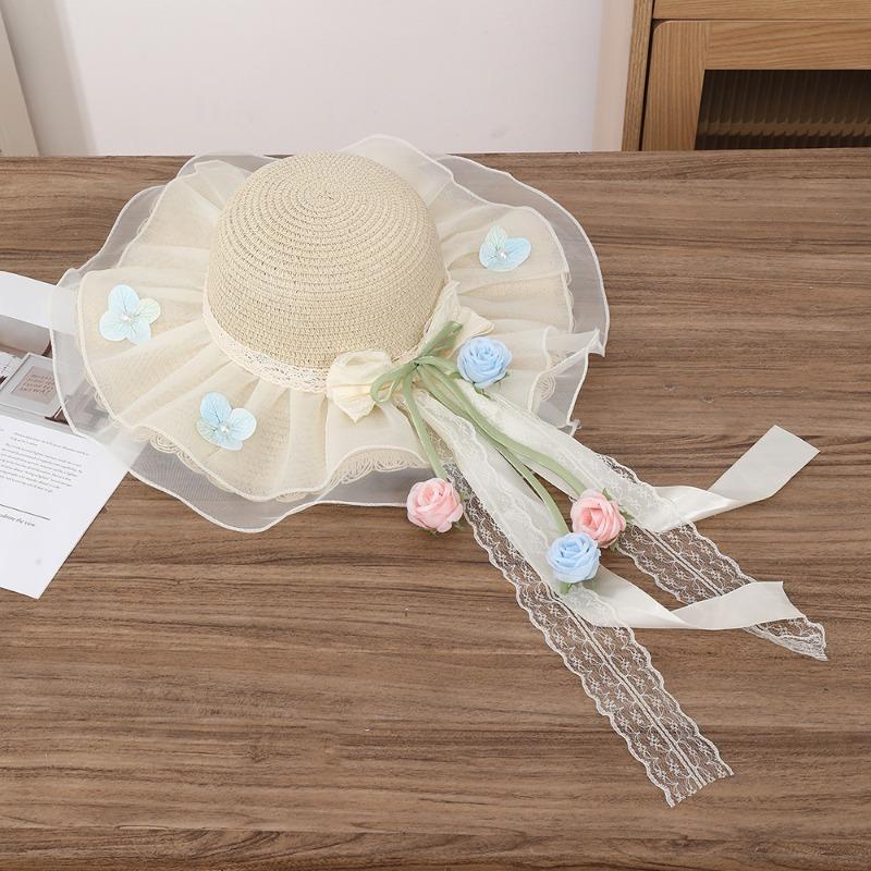 Summer Bow Sun Hat Female, Seaside Beach Vacation Sun Hat Outdoor Big Brim Sun Hat Sweet Straw Hat