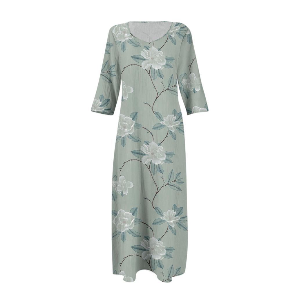 Vestidos Para Mulheres Vestido Midi Túnica Cinturado Estampa Vintage Verão Casual Vestido Manga 3/4
