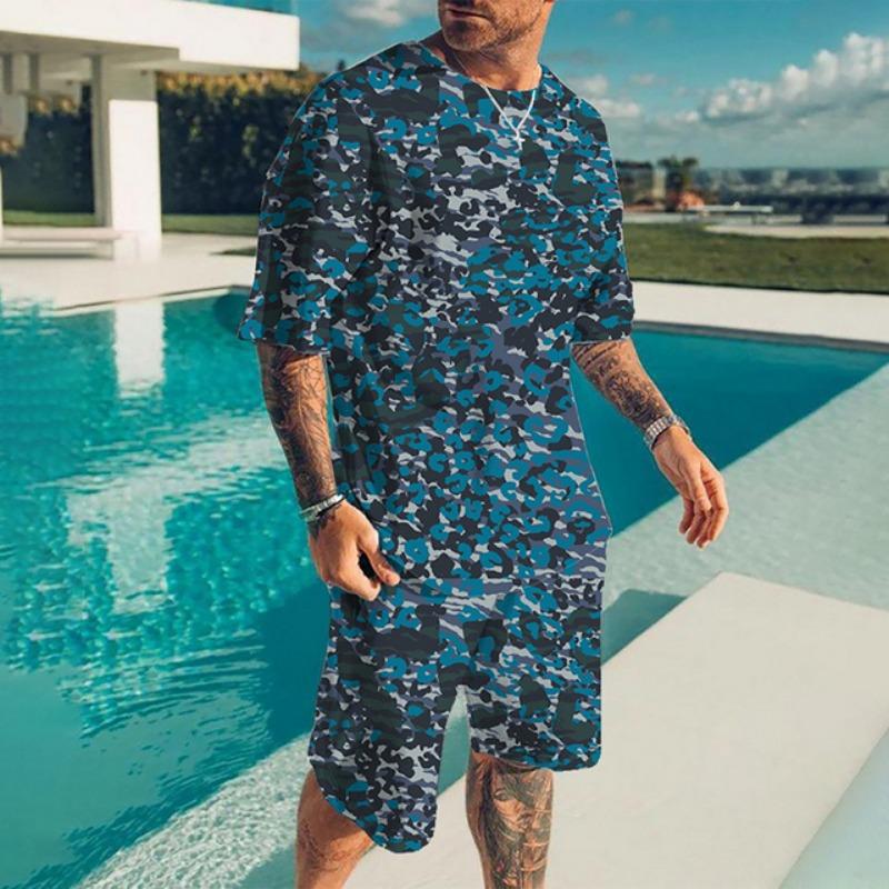 Summer Casual Breathable and Refreshing Sports Suit Oversized Men's Top Y2K Style 3D Printed Format Pattern Short Sleeve T-Shirt Man 2-Piece