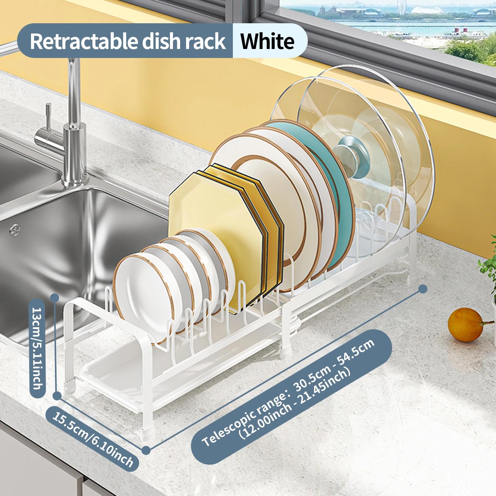 

Flat-wire long telescopic plate holder, extendable over-sink dish drying rack, adjustable slide rail organizer for kitchen белый