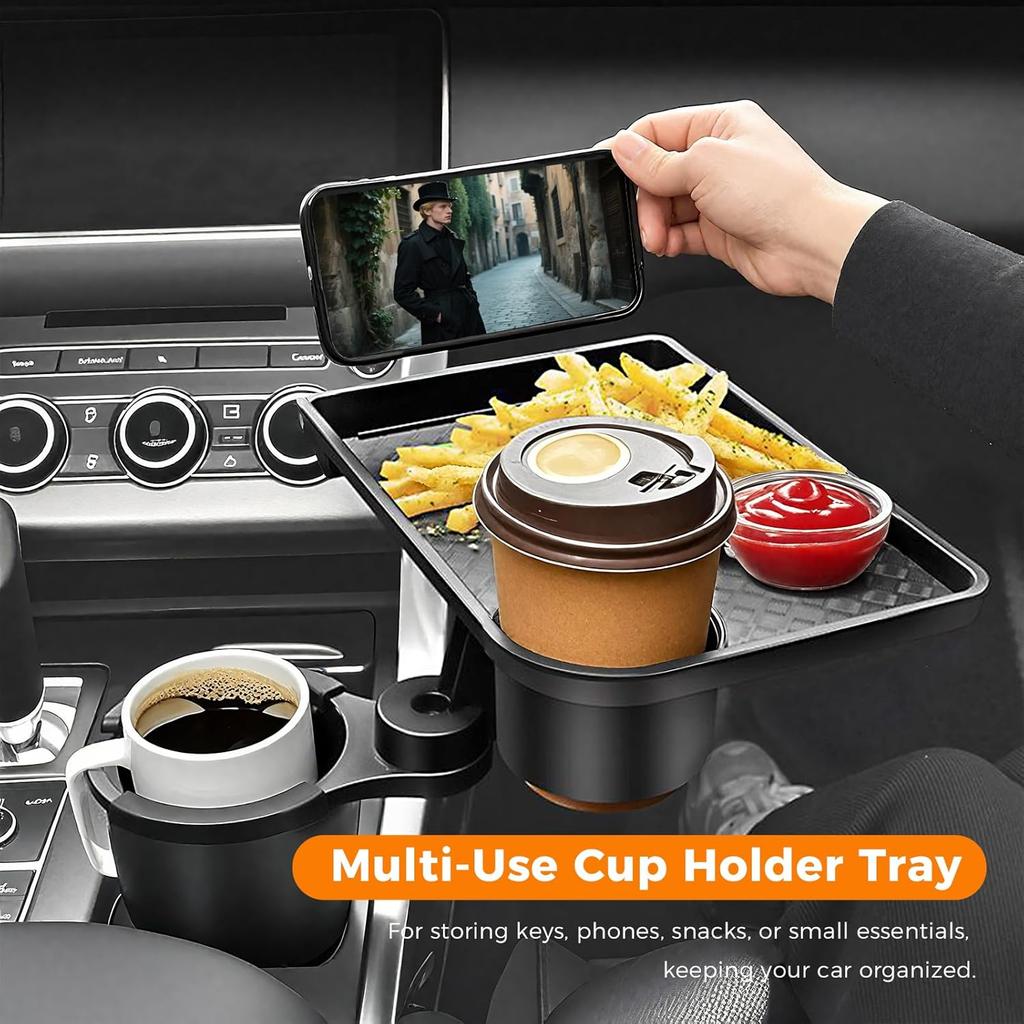 3-in-1 Car Cup Holder Tray, 10.24" Car Trays Organizer with Double Cupholders & Phone Holder for Eating, Travel