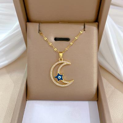 Star Moon Full Diamond Luxury Banquet Wedding Necklace Women'S Versatile Clavicle Chain Titanium Steel