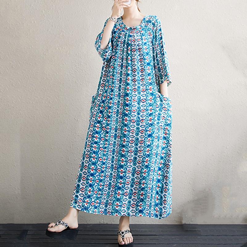 Manga corta Tallas grandes de algodón vintage floral nuevo en vestidos para mujer vestido largo casual suelto de verano