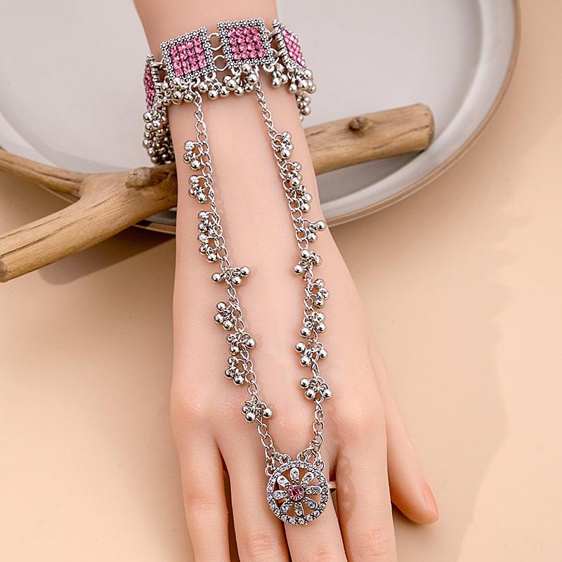 Vintage Ethnic Style Geometric Square Bracelet Bohemian Tassel Pearl Round Ring Diamond Integrated Chain