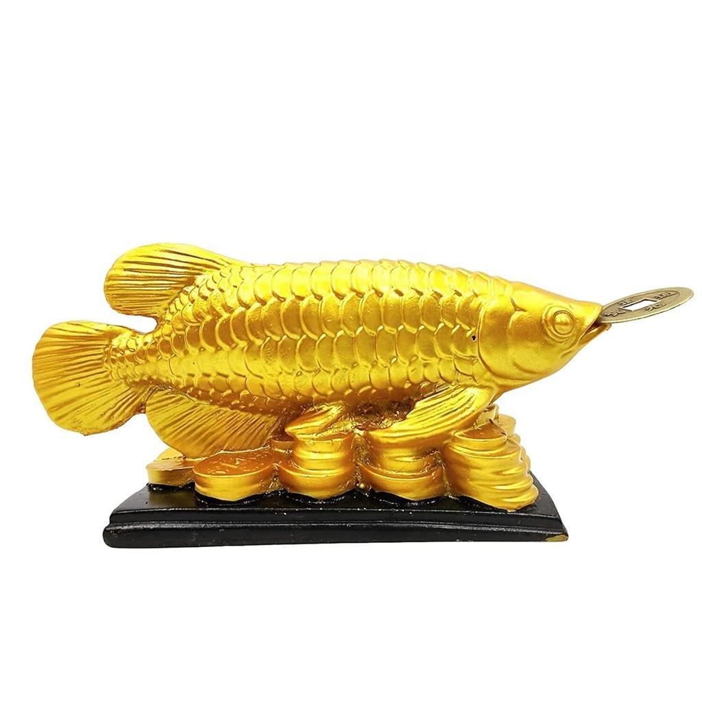 Feng Shui Golden Arowana Fish Statue Showpiece with Coin In Mouth Wealth Symbol, Protects Mishaps, Troubles Vastu Products Home & Office