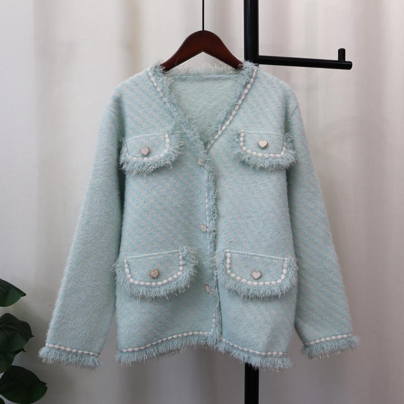 Autumn and Winter New Imitation Mink Velvet Knitted Cardigan Love Buckle High-end Temperament Sweater Jacket Women
