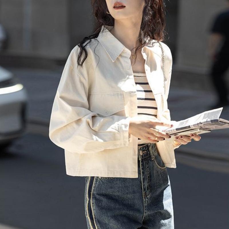 Women's Spring and Autumn Jacket Designer Style Hong Kong-Inspired Retro Long Sleeve Short Solid Color Shirt Top