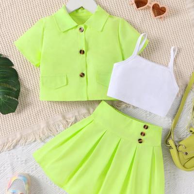 Girls' Fashionable Lapel Fluorescent Color Set Children's Casual Halter Top + Lapel Top Short Skirt Set