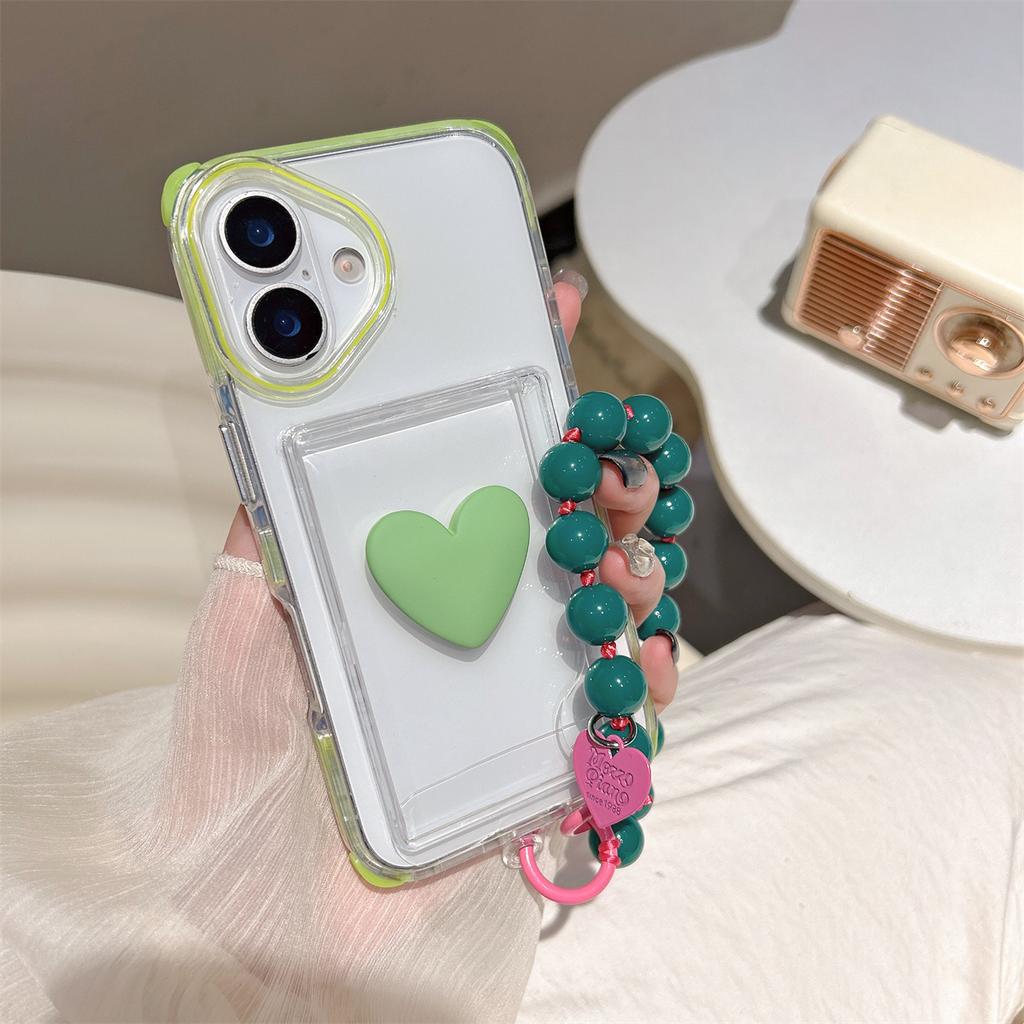 For iPhone 15 Pro Max 16 Plus 14 Protection Heart Love Texture Bracelet Protector Mobile Phone Case Card Slot Plastic Cover