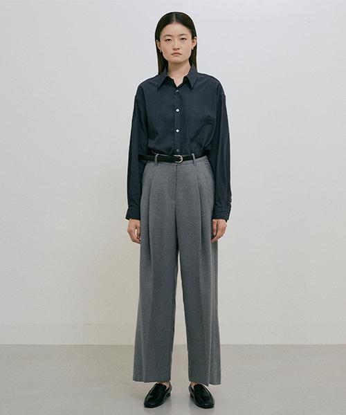 Lingseoul Two Tuck Wide Pants-Gray