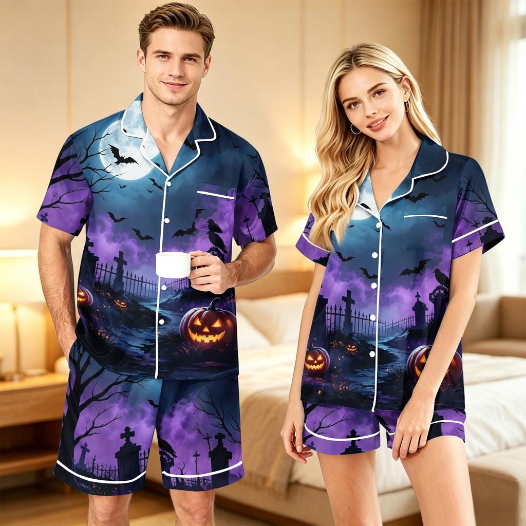Couples Halloween Print Pajama Set, Soft Comfortable Matching Sleepwear for Her and Him