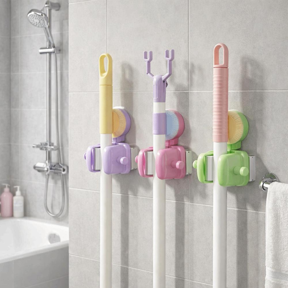 Wall mounted Wall Mounted Mop Rack Punch Free Mop Storage Clips Suction Cup Mop Holder  Shower Room