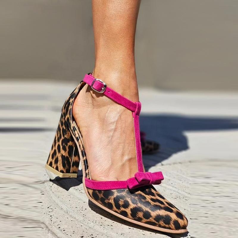Fashion High Heels Women's Leopard Print Color Blocked Butterfly Knot Buckle with Thick Heel Women's Single Shoes