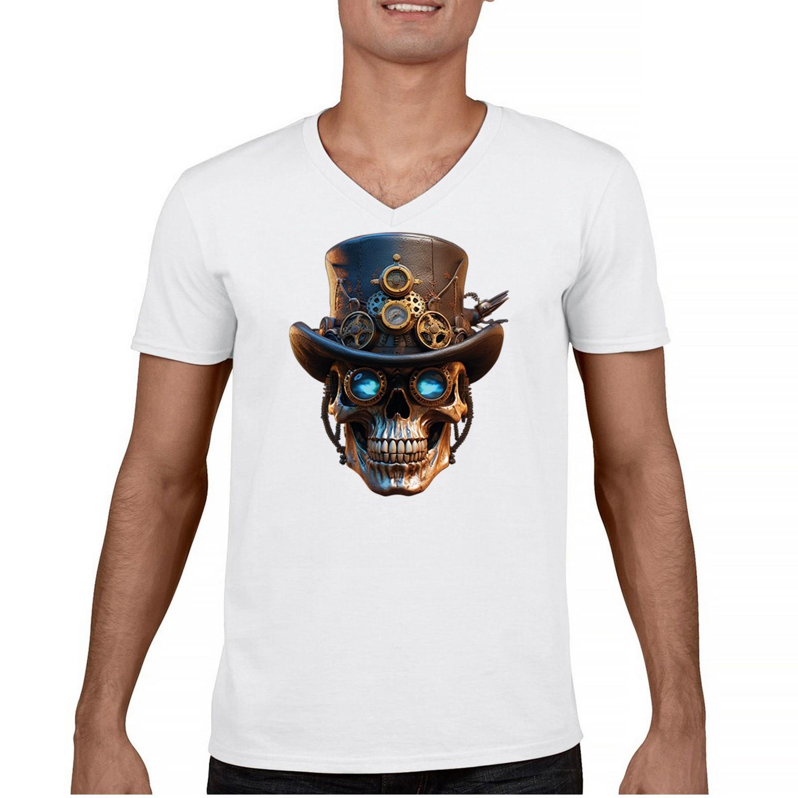 Steampunk Skull Men s V-Neck T-shirt Victorian Retro Futurism Gear Halloween S