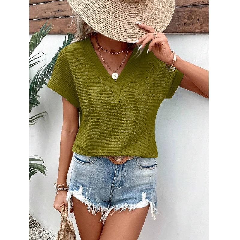 Spring and Summer Fashion Loose V-neck Short Sleeved T-shirt Top