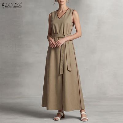 Women Elegant V-Neck Loose Casual Sleeveless Long Dress