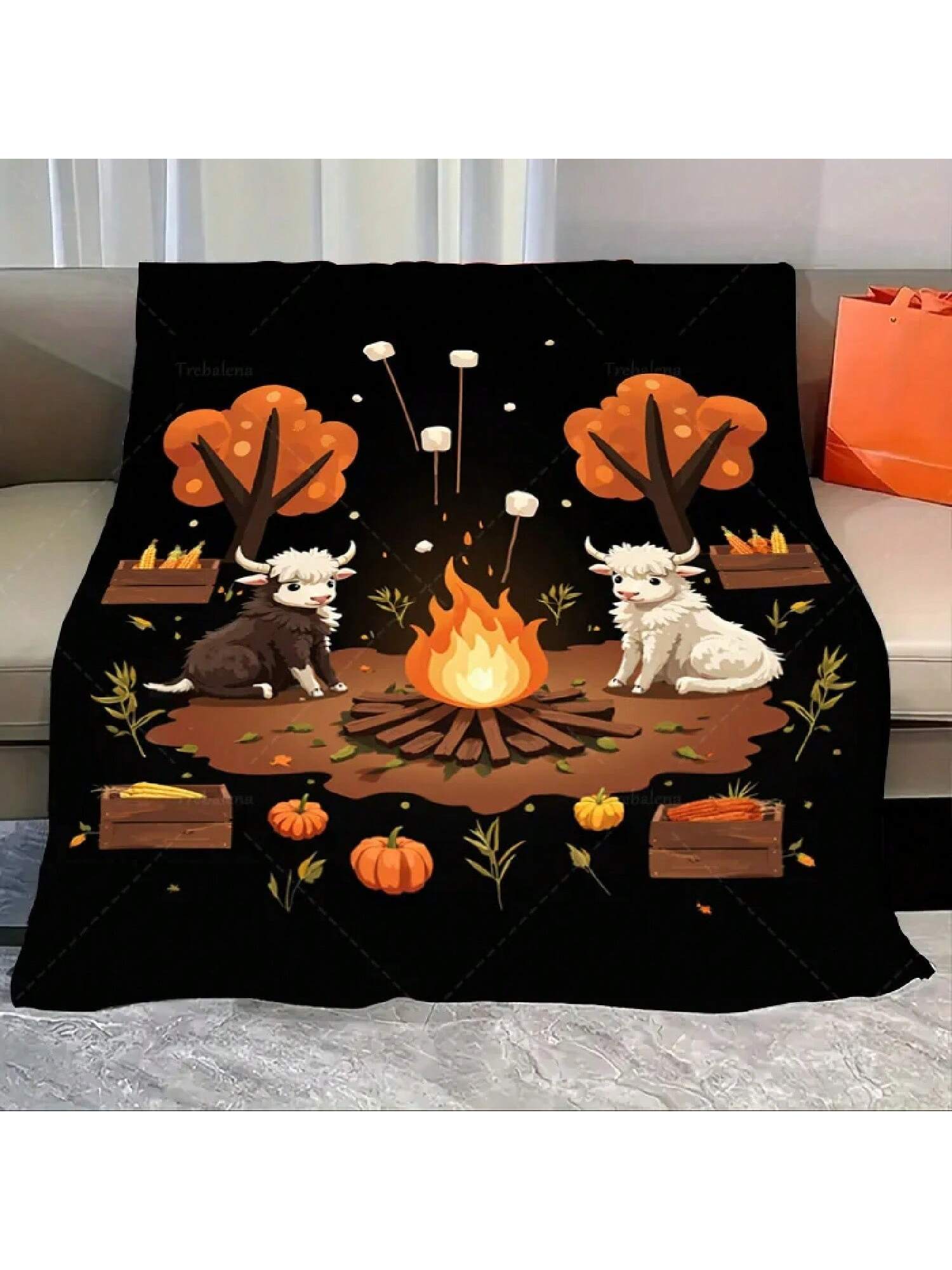 

1pc Flannel Blanket Autumn Campfire Blanket With Cozy Yaks And Pumpkins For Fall Decor 75X95CM серый