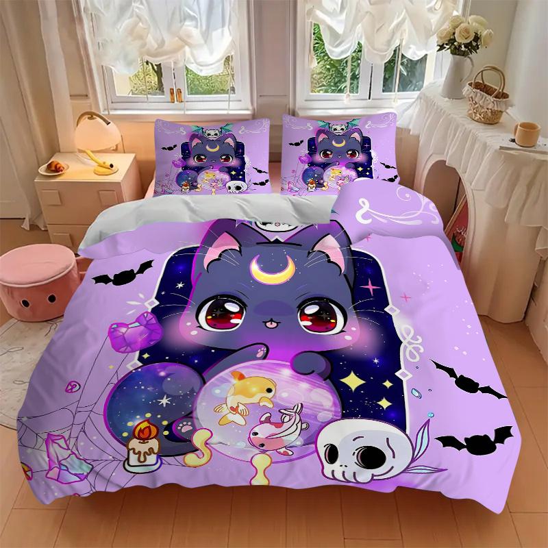 3pcs Moon Goddess Cat Pattern Bedding Set, 1* Cover + 2*Pillowcases, Printed Bedding Set, Soft and ComfortableN068