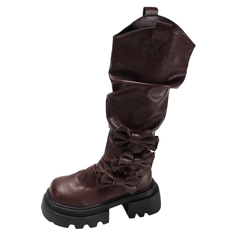 Fashion Vintage Height Increase Women Knee High Boots Fashion Butterfly-knot Ladies Thick Heel Long Knight Booties Autumn Winter