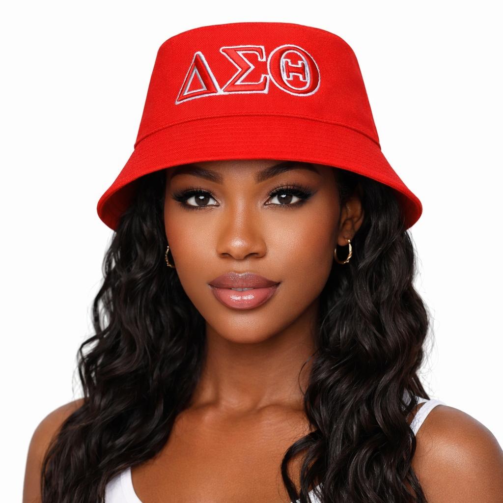 Ready to Ship Breathable Delta Sigma Theta Design Red and White Tone Embroidered Greek DST Logo 1913 Diva Soror Lady Bucket Hat