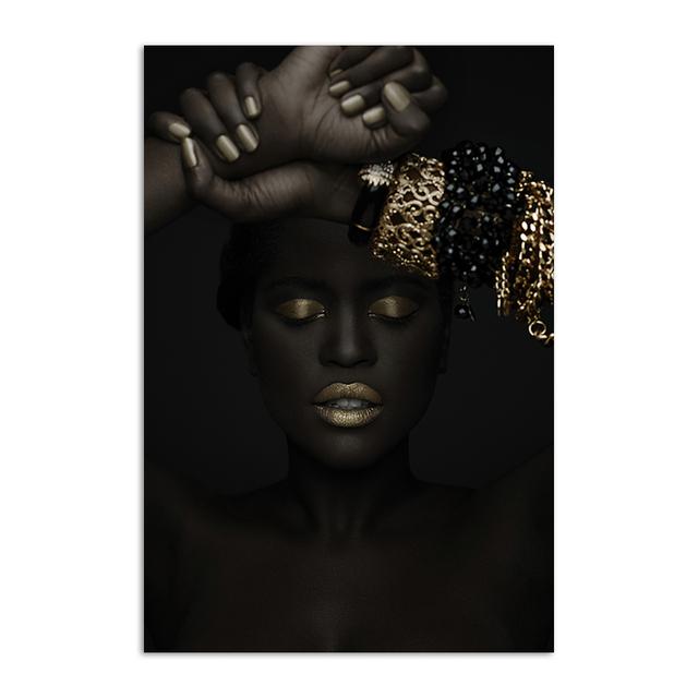 

Современная картина на холсте, африканская чернокожая женщина, постеры и принты, золотые украшения, настенные панно для девочек, декор для гостиной 30x40cm