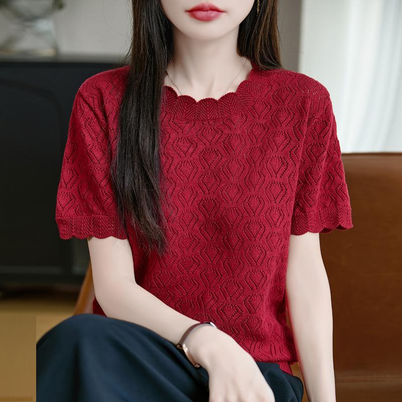 

Летняя модная футболка с коротким рукавом из чистого хлопка, ажурная, тонкая, для женщин, с круглым вырезом, свободная хлопковая майка, вязаный топ XXL красный