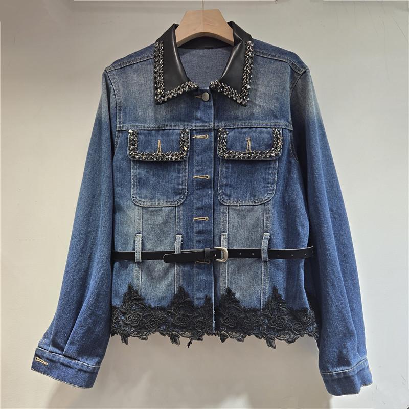 

Women s 2025 Patchwork Lace Denim Jacket - Autumn Waist-Cinched, Color Block Lapel One Size