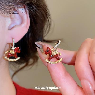 Natal Year Oil Drop Zircon Pony Ear Buckle New Chinese Retro Earrings Light Luxury High-end Niche Earrings Women