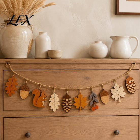 Indoor Outdoor Garden Decor Fall Wooden Garland Decor, Rustic Autumn Hanging Ornament with Squirrel Natural Wood Craft Maple Leaf Pinecone,