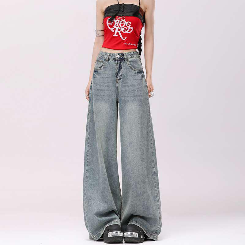 

Light Blue Retro Wide-Leg Floor-Length Denim Pants - Ultra-Soft Combed Cotton, American Style Extra Large