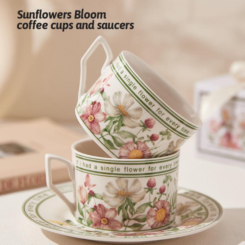 Retro Teetasse 240ml Sonnige Blume Blühend Kaffeetasse Untertasse Set Keramik Kaffeesets Mode Geschenk