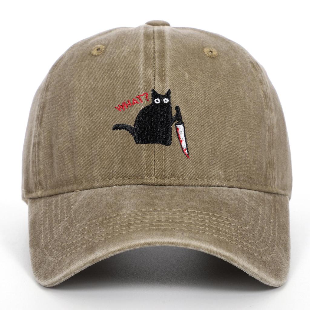 Unisex Black Cat Embroidered Washed Baseball Cap - Outdoor Summer Sun Hat, Hip Hop Style