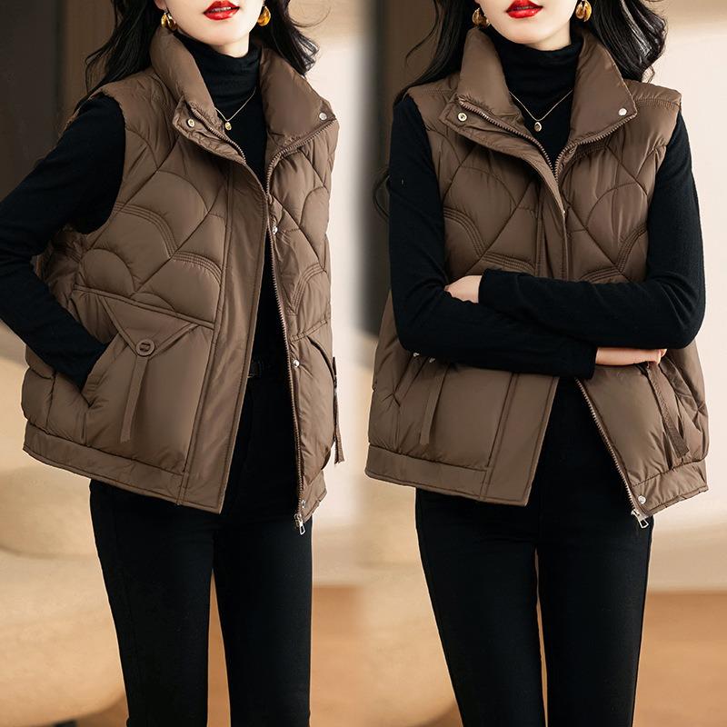 Stand-up Collar Cotton Vest Women's Short Fashion Temperament Cotton Vest Loose Moire Vest Jacket Cotton Vest