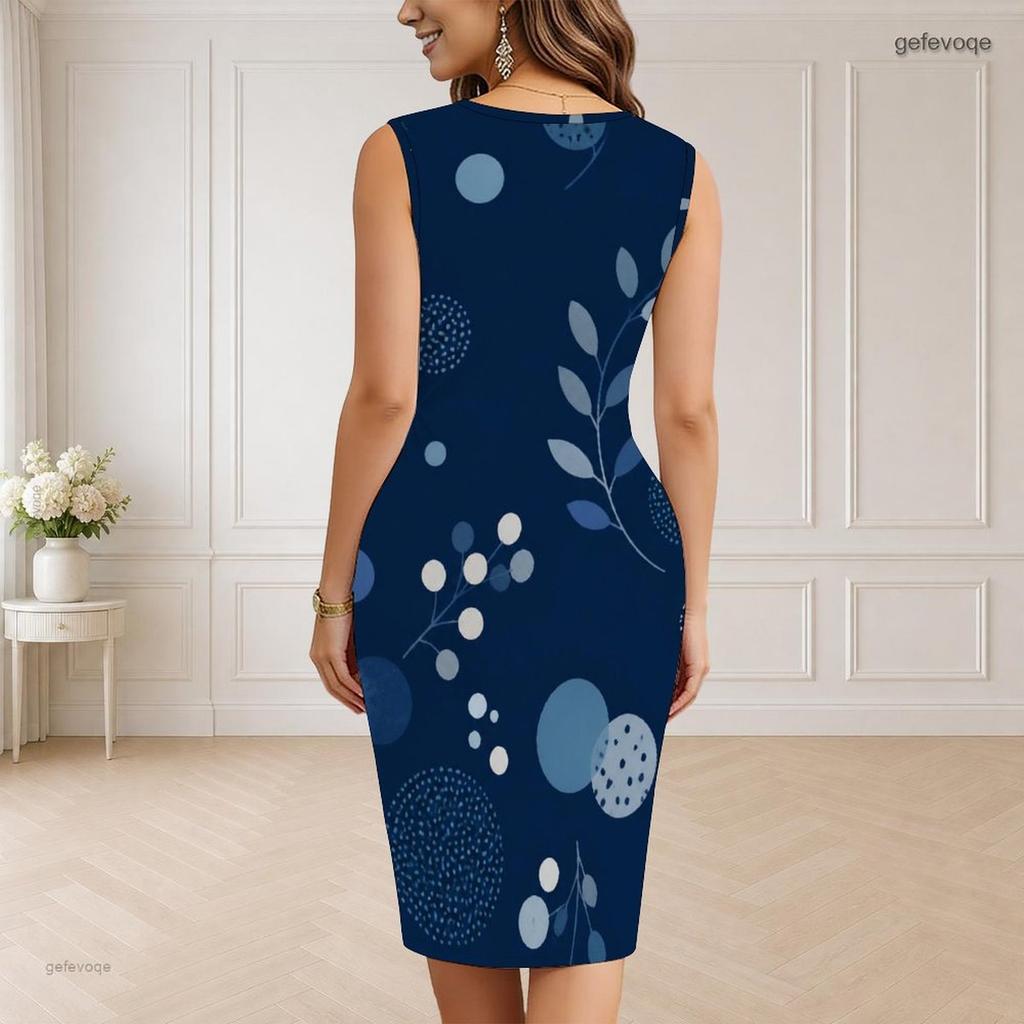Women Plus Size White V Neck Sleeveless Printed Bodycon Midi Dress
