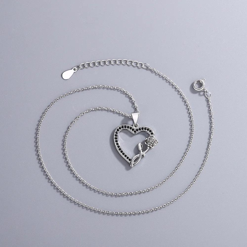 Sterling  Love Rose Black Zircon Pendant Necklace (40cm +5.0cm) Luxury Jewelry Free Shipping Offer