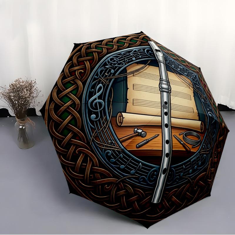Celtic Music Craft Pattern Umbrella, Portable and Foldable Design, 8 Ribs, a Casual Accessory for Halloween, Christmas, and Birthday Gifts.