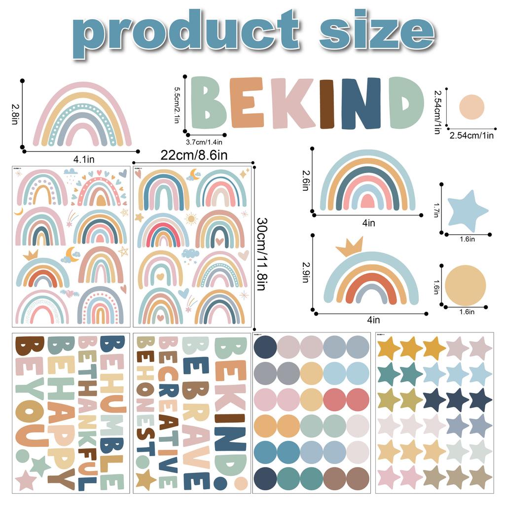 Cartoon wall sticker Bohemian rainbow English decorative wall home kindergarten children's room self-adhesive wall sticker