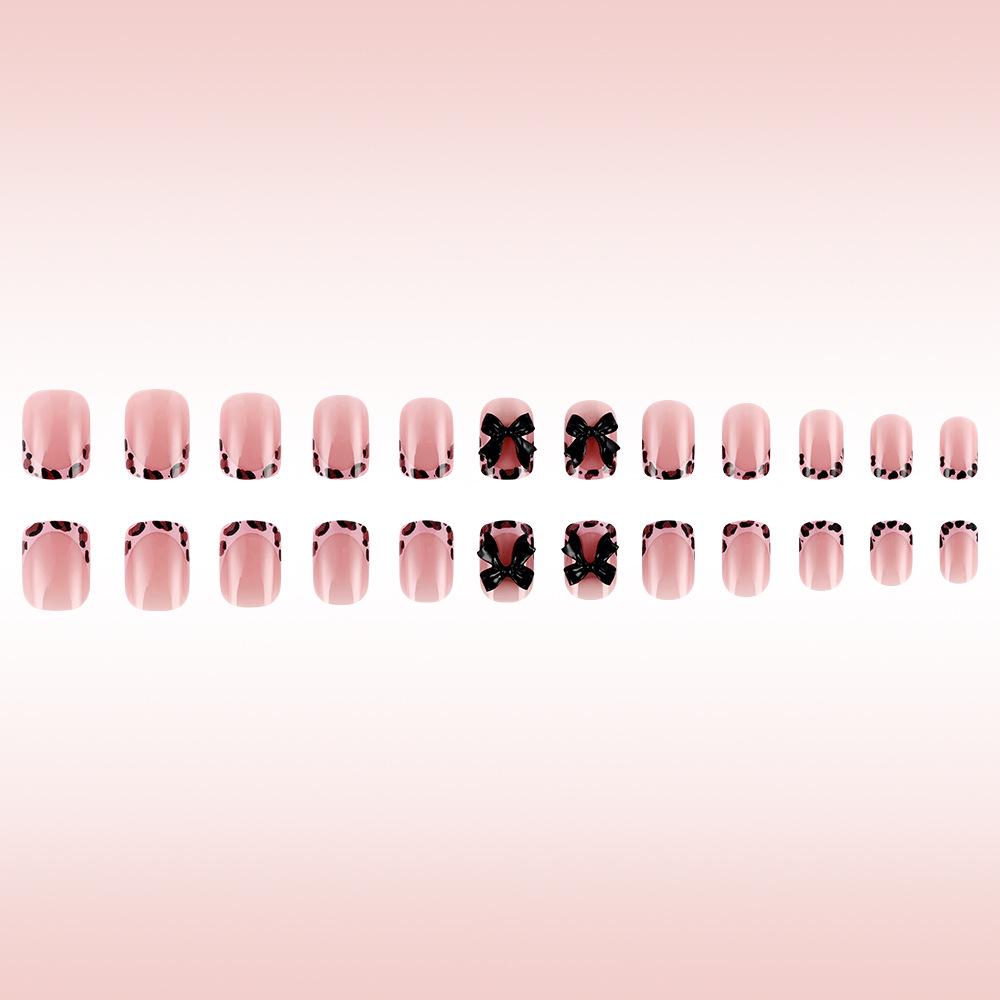 Glossy Black Square Nails with 3D Bows and Leopard Print – Versatile Daily Wear False Nails