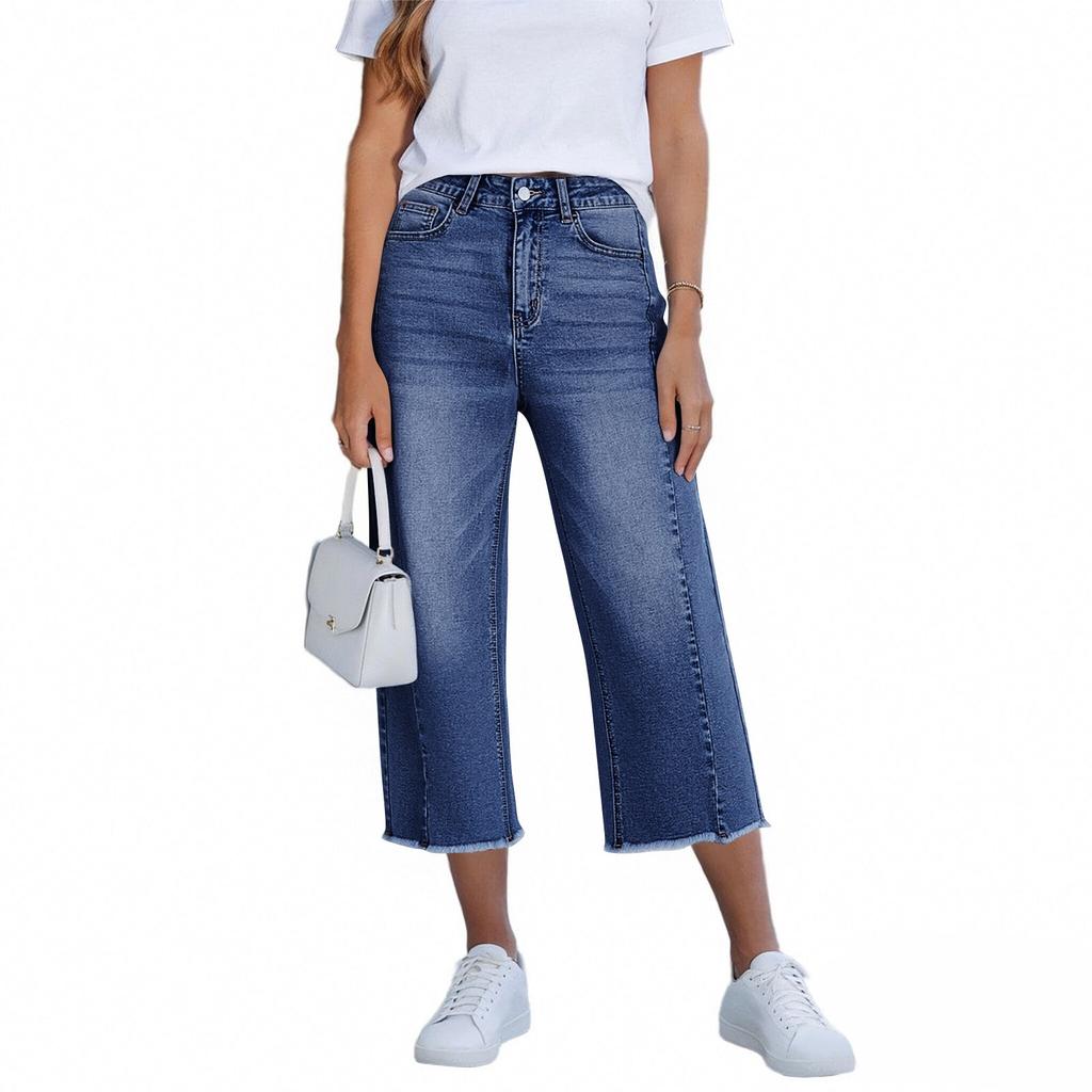 Women's Denim Classic Versatile High Waist Fashionable Cropped Pants