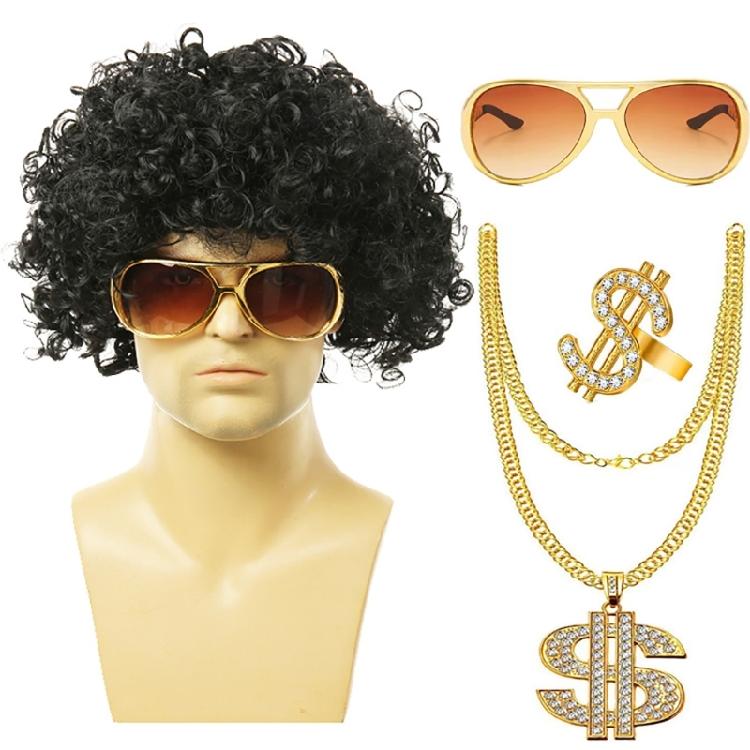 80s Disco Costume Accessories Hippie Glasses Curly Rock Wig Necklace for Unisex